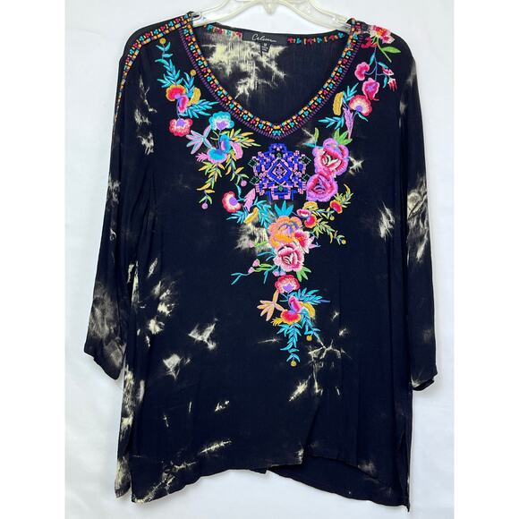 Calessa Womens Med Black Embroidered Floral Hippie Boho 3/4 Sleeve V-Neck Top - Picture 1 of 8